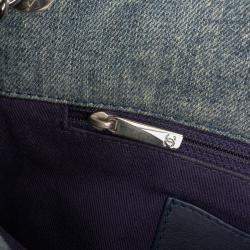 Pre Owned Chanel Blue Medium Embroidered Denim Camellia Flap