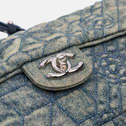 Pre Owned Chanel Blue Medium Embroidered Denim Camellia Flap