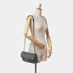 Pre Owned Chanel Blue Medium Embroidered Denim Camellia Flap