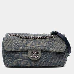 Pre Owned Chanel Blue Medium Embroidered Denim Camellia Flap