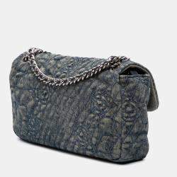 Pre Owned Chanel Blue Medium Embroidered Denim Camellia Flap