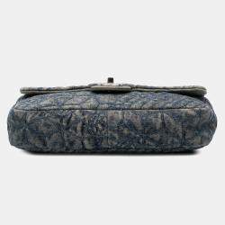 Pre Owned Chanel Blue Medium Embroidered Denim Camellia Flap