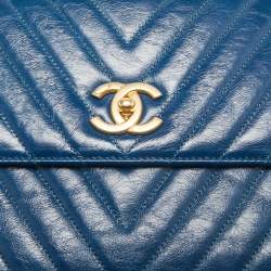 Chanel Blue Chevron Quilted Leather and Lizard Medium Coco Top Handle Bag