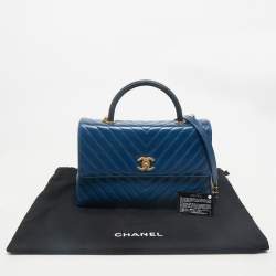Chanel Blue Chevron Quilted Leather and Lizard Medium Coco Top Handle Bag