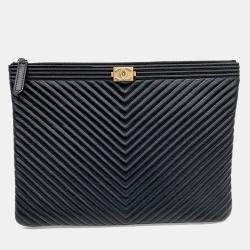Chanel Black Leather Chevron Boy Clutch New Medium