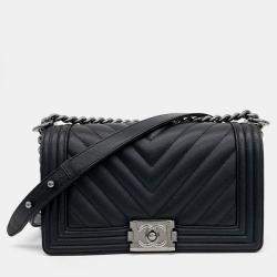 Chanel Black Leather Caviar Chevron Boy Bag Medium