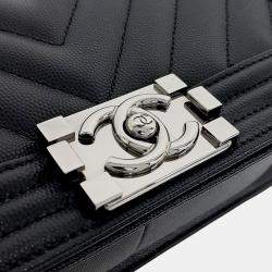 Chanel Black Leather Caviar Chevron Boy Bag Medium