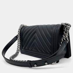 Chanel Black Leather Caviar Chevron Boy Bag Medium