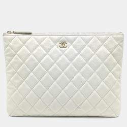 Chanel White Leather Caviar Clutch New Medium
