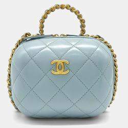 Pre Owned Chanel Blue Leather Cosmetic Top Handle Crossbody Bag