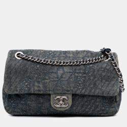 Pre Owned Chanel Blue Large Embroidered Denim Camellia Flap