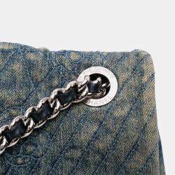 Pre Owned Chanel Blue Large Embroidered Denim Camellia Flap