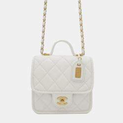 Chanel White Caviar School Memory Mini Top Handle Flap