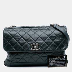 Pre Owned Chanel Green Quilted Aged Calfskin Logo Accordion Flap