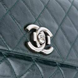 Pre Owned Chanel Green Quilted Aged Calfskin Logo Accordion Flap
