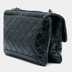 Pre Owned Chanel Green Quilted Aged Calfskin Logo Accordion Flap