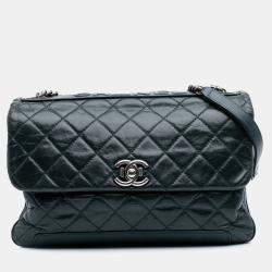 Pre Owned Chanel Green Quilted Aged Calfskin Logo Accordion Flap