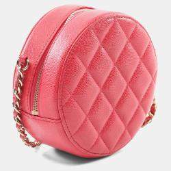 Chanel Red Quilted Caviar Round Clutch With Chain