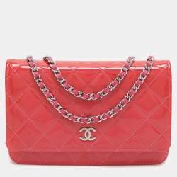 Chanel Pink Quilted Patent Leather CC Wallet On Chain