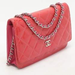Chanel Pink Quilted Patent Leather CC Wallet On Chain