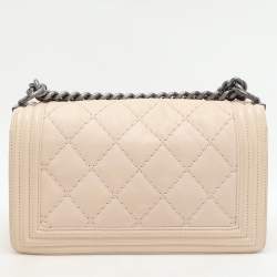 Pre Owned Chanel Beige Quilted Wild Stitched Leather Medium Boy Flap Bag