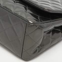 Chanel Grey Straited Quilted Patent Leather Maxi Classic Double Flap Bag