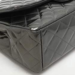 Chanel Grey Straited Quilted Patent Leather Maxi Classic Double Flap Bag