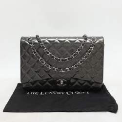 Chanel Grey Straited Quilted Patent Leather Maxi Classic Double Flap Bag