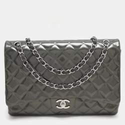 Chanel Grey Straited Quilted Patent Leather Maxi Classic Double Flap Bag