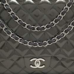 Chanel Grey Straited Quilted Patent Leather Maxi Classic Double Flap Bag