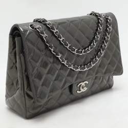 Chanel Grey Straited Quilted Patent Leather Maxi Classic Double Flap Bag