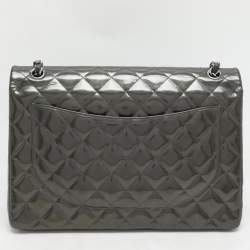 Chanel Grey Straited Quilted Patent Leather Maxi Classic Double Flap Bag