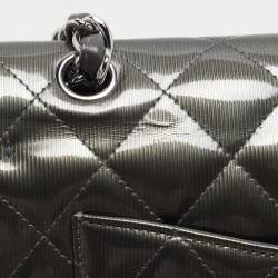 Chanel Grey Straited Quilted Patent Leather Maxi Classic Double Flap Bag