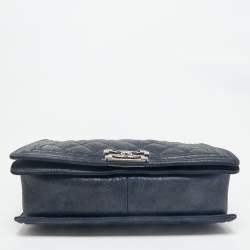 Pre Owned Chanel Navy Blue Quilted Iridescent Leather Boy Flap Bag