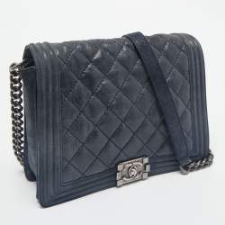 Pre Owned Chanel Navy Blue Quilted Iridescent Leather Boy Flap Bag