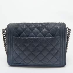 Pre Owned Chanel Navy Blue Quilted Iridescent Leather Boy Flap Bag