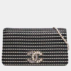 Pre Owned Chanel Black CC Bicolor Woven Lambskin Crystal Pearl Flap
