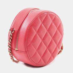 Chanel Red Quilted Caviar Round Clutch With Chain