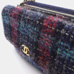 Chanel Blue Multicolor Tweed Quilted Enamel CC Double Flap Bag