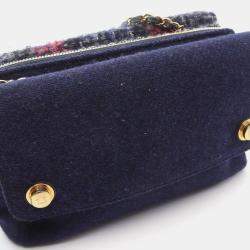Chanel Blue Multicolor Tweed Quilted Enamel CC Double Flap Bag
