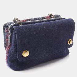 Chanel Blue Multicolor Tweed Quilted Enamel CC Double Flap Bag