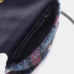 Chanel Blue Multicolor Tweed Quilted Enamel CC Double Flap Bag