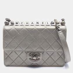 Chanel Silver Metallic Goatskin Quilted Chic Pearls Flap Bag