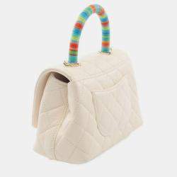 Chanel White Quilted Chevre  Rainbow Coco Handle Flap Bag