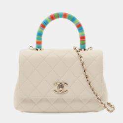 Chanel White Quilted Chevre  Rainbow Coco Handle Flap Bag