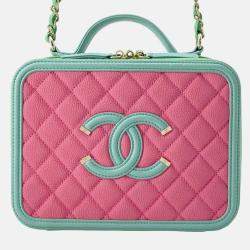 Chanel Green/Pink Medium Tricolor Caviar CC Filigree Vanity Case