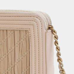 Chanel Beige Small Chevron Crumpled Lambskin Boy Clutch With Chain