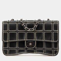 Chanel Black Lambskin Contrast Square Stitch Flap