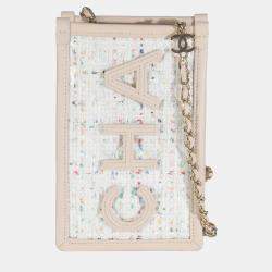 Chanel Light Beige Tweed PVC Lambskin Clutch With Chain