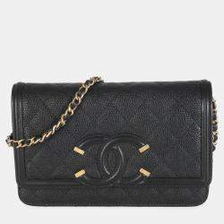 Chanel Black Quilted Caviar Filigree Wallet On Chain